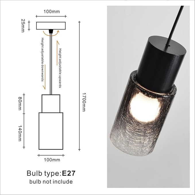 DUHU Glass Pendant Lights Kitchen Island,Modern Black and Wood Pendant Light 2pack,Vintage Pendant Lamp E26 for Bedroom,Over Sink,Dinning Table,Bar,Farmhouse,Hallway