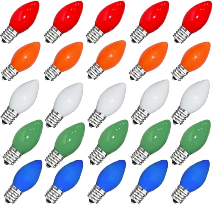GOOTHY 25 Pack C7 Multicolor Christmas Replacement Bulbs, Multicolor Ceramic Light Bulbs for Christmas Outdoor Patio Indoor String Lights, C7/E12 Candelabra Base, 5 Watt