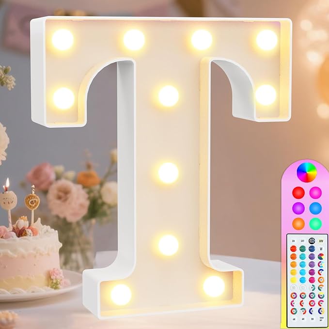 Pooqla Colorful Light Up Letters with Remote, Upgraded 35 Colors LED Marquee Letters, RGB Lighted Letter for Girls Teenager Gift, Birthday, Party, Wedding, Night Light, Room, Bedroom Decor, Letter T