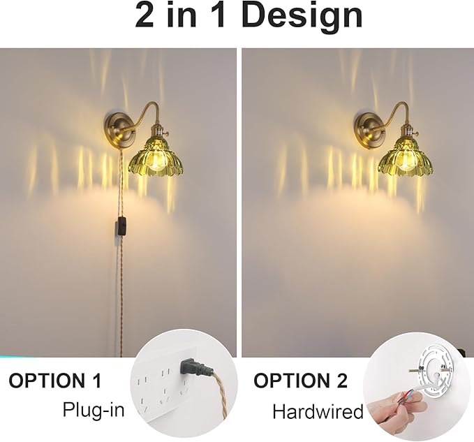 Plug in Wall Sconce Set of 2, Gold Vintage Wall Lights with Green Lily Glass Shade, Indoor Brass Corded Wall Lamp Fixture for Bedroom Living Room Bathroom Hallway