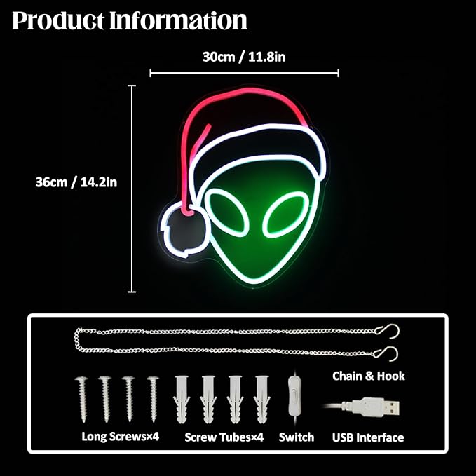 Christmas Neon Light Alien Neon Sign Green Red LED Sign Christmas Hat Neon Signs for Wall Decor Santa Hat Neon Lights for Bedroom Alien Decor Neon Wall Light for Xmas Party Decor