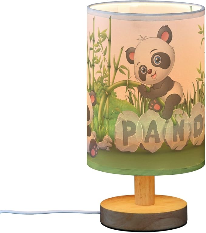 Table Lamp Cute Panda Baby in Bamboo Garden Nightstand Lamp with Wood Base Fabric Lamp Shade Bedside Desk Lamp for Living Room Bedroom Kids Room Office
