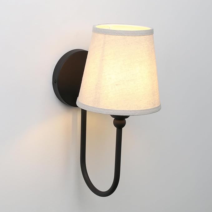 Pathson Antique Linen Fabric Wall Sconces Set of 2, Hardwired Curved Arm Bathroom Vanity Light, Indoor Wall Decor Lamp for Living Room, Kitchen, Bedroom, Foyer