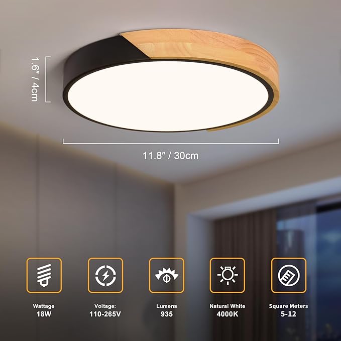 Vikaey Modern LED Ceiling Light, Minimalist Wood Flush Mount Ceiling Light Fixture, 4000K Not Dimmable, Circle Lighting Lamp with Acrylic Lampshade for Bedroom Laundry Room Hallway (Black,11.8")