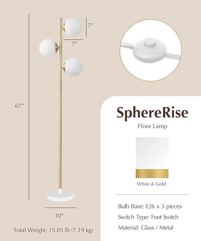 HarvestLand SphereRise Brass Floor Lamp – Globe Floor lamp with Solid Base and 3 Light Glass Floor lamp, mid Century Modern Design