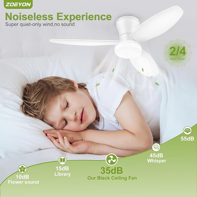 Small Ceiling Fan with Light - 42 Inch Flush Mount Ceiling Fan with Lights and Remote, Low Profile Ceiling Fans with 3 Reversible Blades, 6 Wind Speeds, White Ceiling Fans for Bedroom