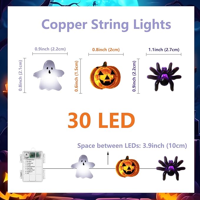Halloween Decorations Fairy Lights White Ghost Orange Pumpkin Purple Spider, 30 LED Copper String Lights with Remote Control Battery Operated for Cosplay Party Supplies, Gothic Halloween Decor