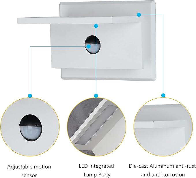 Motion Sensor Outdoor Wall Light 2 Pack White LED Exterior Porch Light Fixture for House Garage Patio Modern Wall Mount Lamp IP54 Waterproof 680LM 10W