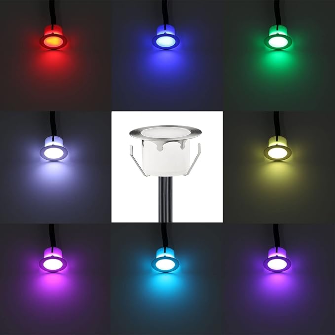 LED Outdoor Deck Lights Kits, Φ1.77in RGB 20 Pack Silver, Low Voltage 12 Volt DC IP67 Waterproof, Multi Color Changing Remote Dimmable, Recessed Stair Step Landscape Lighting