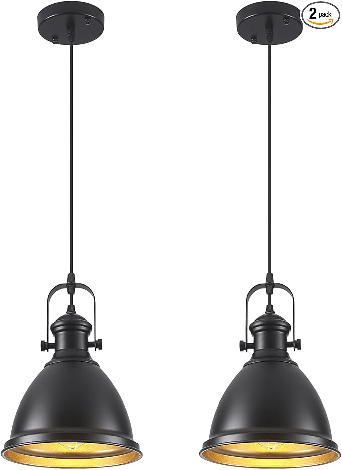 Farmhouse Pendant Lights Kitchen Island, 8.6 inches Matte Black Pendant Light Fixtures, Industrial Kitchen Pendant Lighting, Modern Hanging Light Fixture for Kitchen Sink Dining Room, 2 Pack