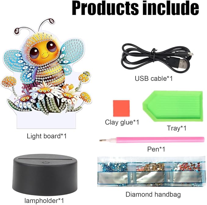 Bee Diamond Art Painting Night Light,Diamond Art Painting Kits Desktop Touch Lamp Ornaments for Tabletop Decor Diamond Art Accessories for Adult Beginner Bedrooms Living Room