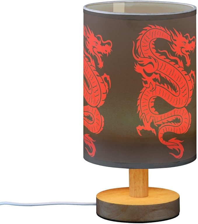 Table Lamp Red Chinese Dragon on Black Nightstand Lamp with Wood Base Fabric Lamp Shade Bedside Desk Lamp for Living Room Bedroom Kids Room Office