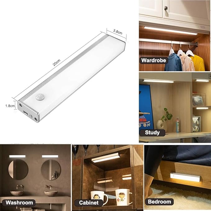 Under Cabinet Light LED Rechargeable Battery Operated Motion Sensor Light Indoor 2 Pack Magnetic Closet Lights Wireless Under Counter Lights for Kitchen, Stairs,Motion Activated Light Bar 20cm