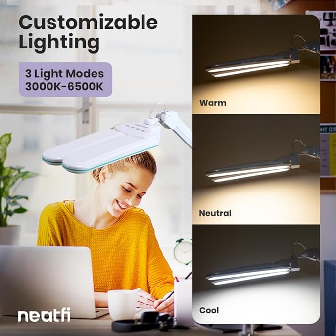 Neatfi Elite HD XL LED Desk Lamp, 3 Light Modes, 90PCS SMD LED, Non-Polar Dimming, Bright Eye-Caring Lighting for Home Office, Drafting, Beauty Shop, Workbench (CCT with Clamp, Blue Ring, 17 Inches)