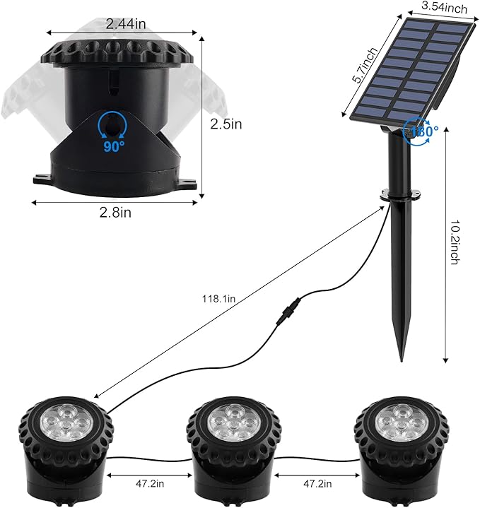 T-SUN Solar Fountain Lights Submersible Solar LED Underwater Pond Lights Color Changing Landscape Spotlights IP68 Waterproof for Garden Fish Trank Aquarium Pool Waterproof (3 Lights in 1)