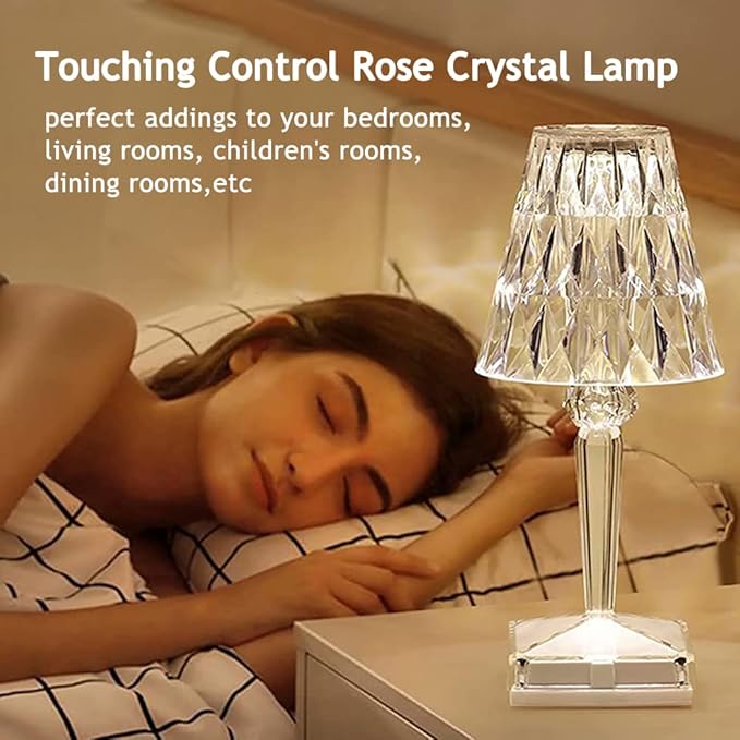 2pcs Crystal Table Lamp Touch Control Crystal Rose Lamp, [2000mAh]Rechargeable LED Diamond Table Lamps with 3 Color Changing Light, [Non-Yellowing]Acrylic Cordless Table Lamp Small Lamp for Bedroom