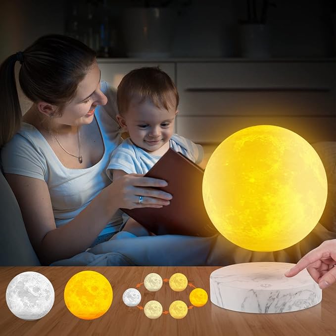 VGAzer Levitating Moon Lamp,Floating and Spinning in Air Freely with 3D Printing LED Moon Light Has 3 Colors for Unique Christmas Gifts,Room Decor (Marble Base 3 Colors)