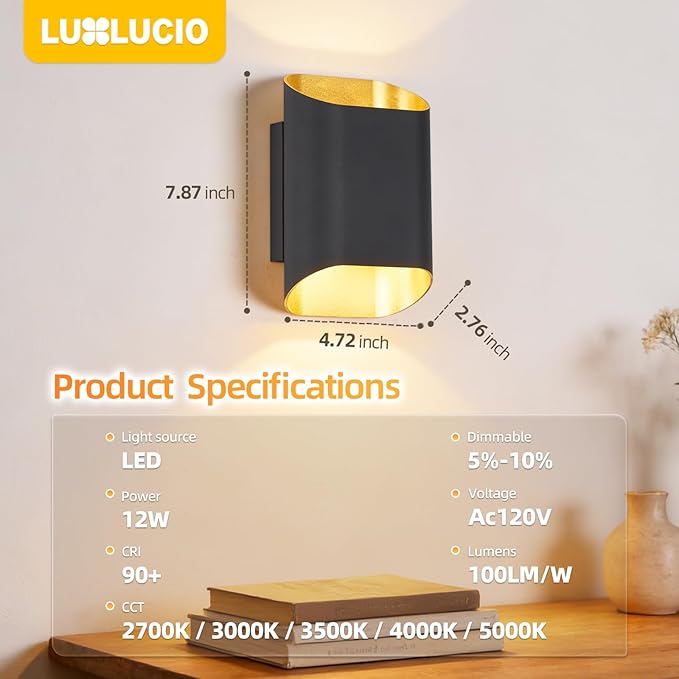 2 Pack Black & Gold Up & Down Wall Sconce Lamp 5%-100% Dimmable, Modern Indoor/Outdoor Porch Light, IP65 Waterproof, 120V, 1200LM, 12W, 2700K-5000K Selectable, CRI90+, ETL FCC Certified