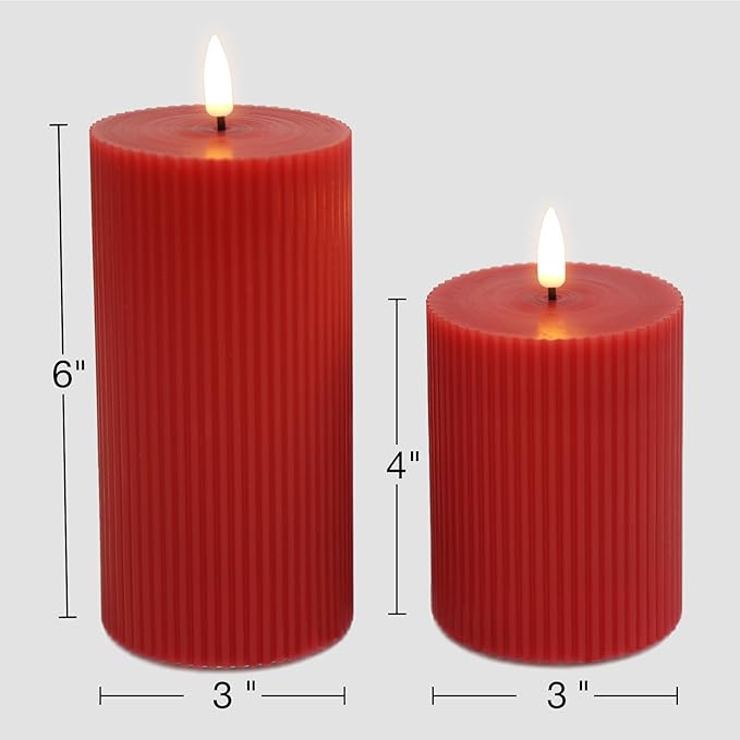 Red Ribbed Flameless Pillar Candles with Remote, Flickering LED Wax Candles Battery Operated Set of 2