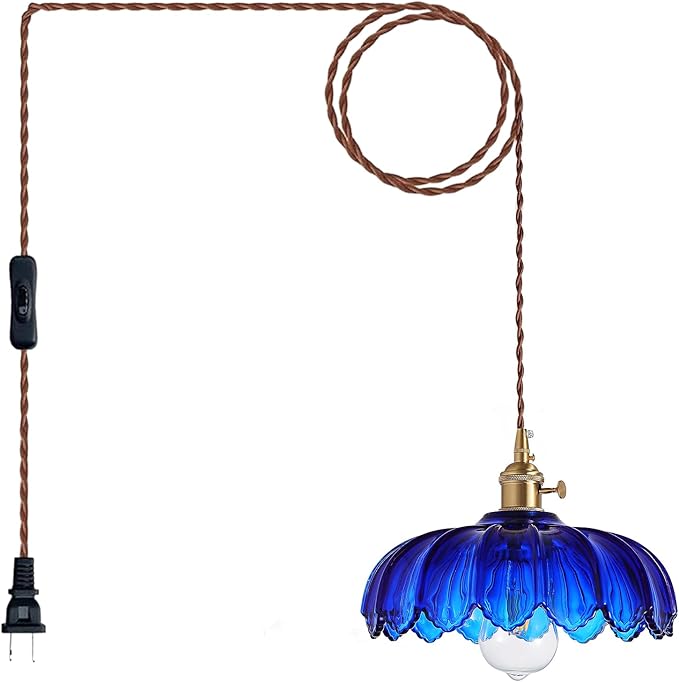 Plug in Pendant Light: Bule Hanging Light Plug in Fixture Hanging Lamp, Glass Pendant Lighting for Kitchen Island, Bedroom, Dining Room, Living Room, E26 No Bulb