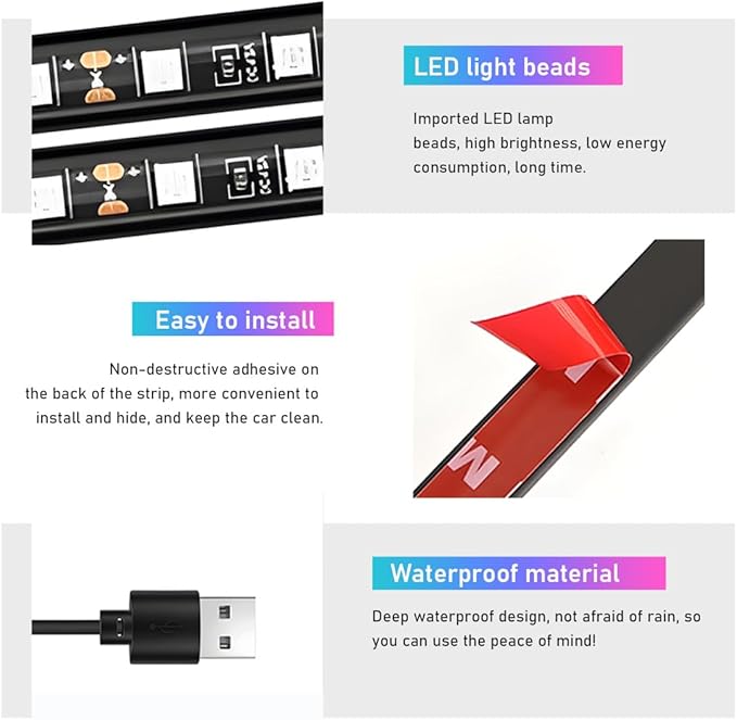 Car LED Strip Light, 24 LED RGB Auto Interior Atmosphere Lights, USB Vehicle Under Dash Ambient Night Light Strip, Interior Decorative Lamp Lighting Kit Car Accessories (White)