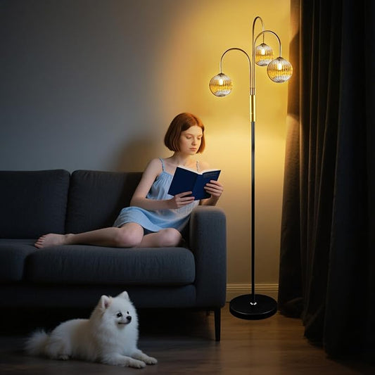 Lightdot 70IN Dimmable Floor Lamp for Living Room, 3 Light LED Tree Floor Lamps with Glass Globe Shade& Bulb Included, Mid Century Standing Tall Lamp for Bedroom/Sofa Beside/Corner Decor-Black&Gold