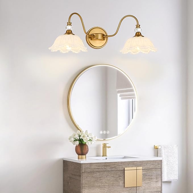 Vintage Bathroom Vanity Light, 2-Light Matte Brass Finish Vanity Light with Floral White Glass Shades, Retro Wall Sconce for Bathroom, Dressing Table