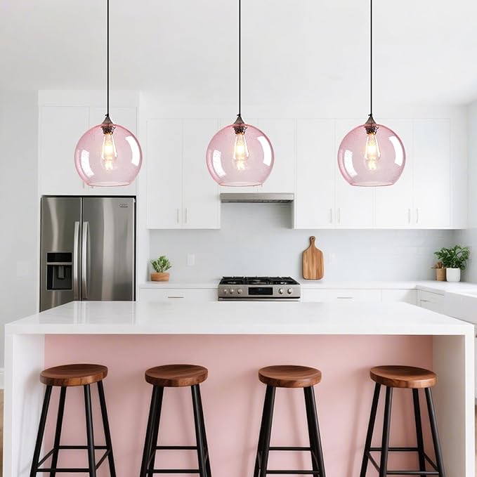 Pink Glass Pendant Lights Kitchen Island Globe Pendant Light Fixtures Modern Pendant Lighting for Bedroom Living Dining Room Light Fixture (9.84 in, 3 Pack)
