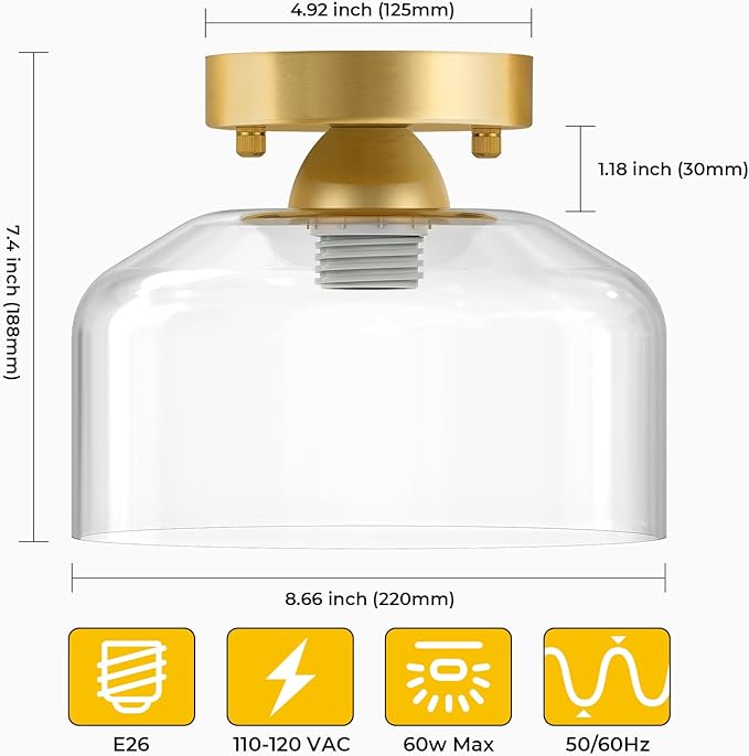 Semi Flush Mount Ceiling Light Brushed Gold - Clear Glass Pendant Lamp Shade, Modern Farmhouse Light Fixture for Hallway Corridor Kitchen Entryway Bedroom, Bulb Not Included