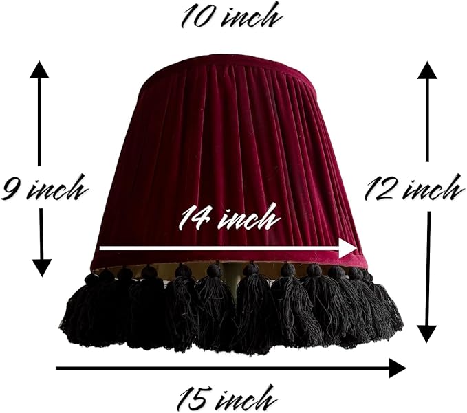Tristan Home Round Pleated Velvet Lamp Shade with Tassels 10x14x12inches (The Height 12inch Includes Tassels) (Red Wine Burgundy)