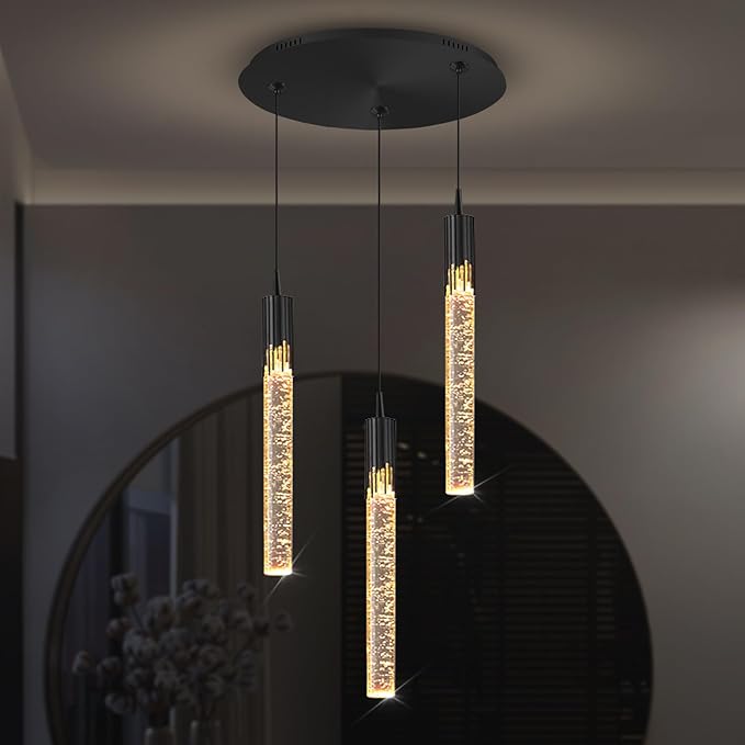 Flashing God 3 Light Mini Chandelier Black Modern Crystal LED Pendant Light for Kitchen Island Adjustable Hanging Light Fixture for Dinning Room Bedroom Dimmable 2700K 4500K 6000K