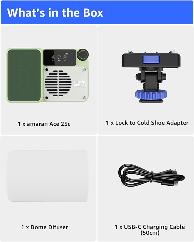 amaran Ace 25c Video Light,25w RGB Portable Light for Photography On-Camera Video Lights CRI/TLCI 95+,CCT 2,300K-10,000K,Rechargeable Dimmable Vlog Light,APP Control,PD Charging (Green)