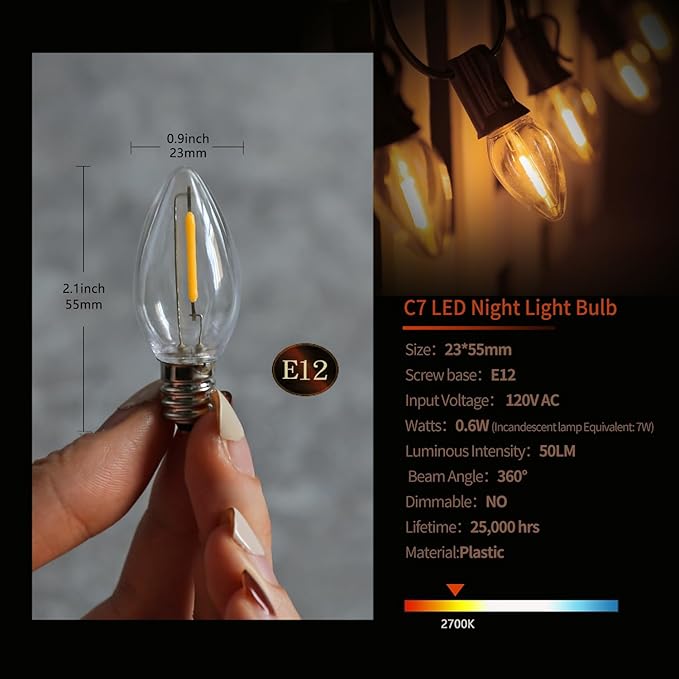 C7 String Bulbs Christmas Village Light Accessory Cord 5 Base with 5 LED Light Bulb Universal Clip White Cord with On/Off Spare Fuse Switch Plugs for Decorations Christmas Village House