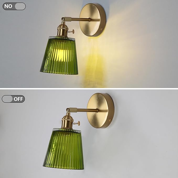 HuisMier Vintage Wall Sconces with Green Stripe Glass Lampshade, Glass Wall Lamp with Switch, Modern 180 Degree Adjustable Brass Wall Sconces for Bathroom Bedroom Living Room Hallway, Hardwired