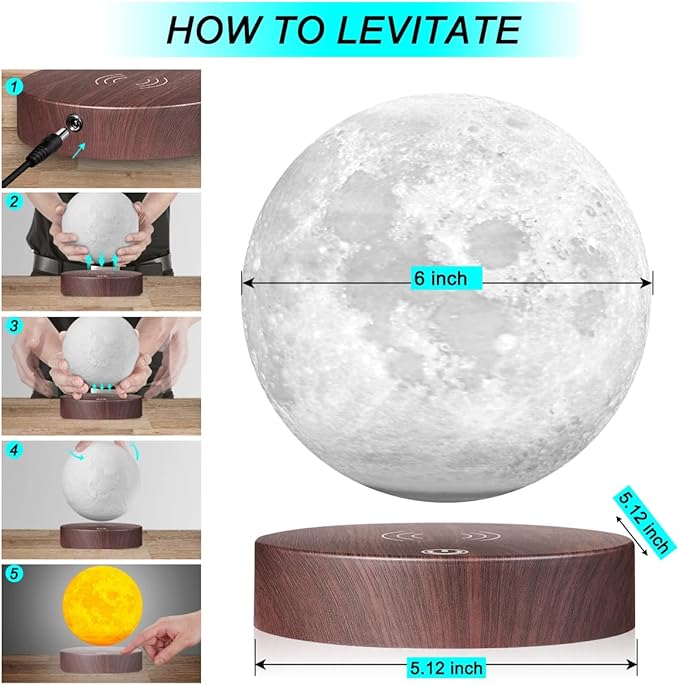 VGAzer Magnetic Levitating Moon Lamp Night Light Floating and Spinning in Air Freely with LED Lights for Home,Office Decor,Unique Holiday Gifts,Night Light