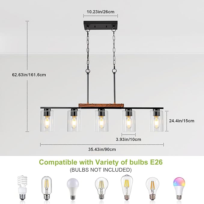 WILON Kitchen Island Lighting, 5 Lights Black Linear Chandeliers Modern Farmhouse Chandelier with Glass Shades for Kitchen Island Living Dining Room Foyer Bedroom(Black,5 Lights)