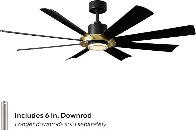 Modern Forms Aura Indoor and Outdoor 8-Blade 60in Smart Ceiling Fan in Matte Black Soft Brass Ring with 2700K-3000K-4000K-5000K Selectable LED Light Kit and Remote Control works App