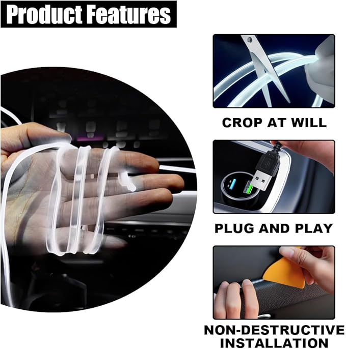 EL Wire Interior Car LED Strip Lights, USB Car Neon Light Strip with Sewing Edge, 16FT Neon Light 5V with Fuse Protection, Electroluminescent Car Indoor Decorations (White)