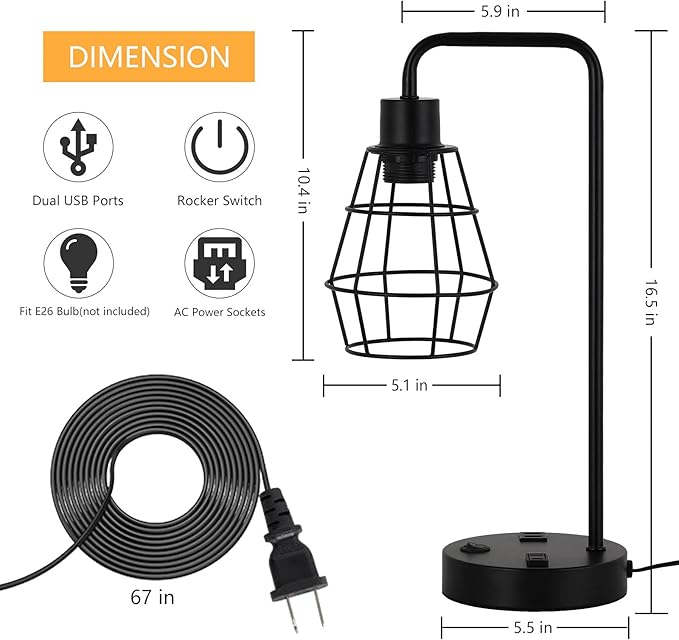 BTY USB Edison Table Lamp Set of 2, Bedside Nightstand Desk Lamps with Dual USB Charging Ports and 2 Prong AC Outlet Metal Wire Cage Industrial Reading Table Lamp for Bedroom Living Room Farmhouse