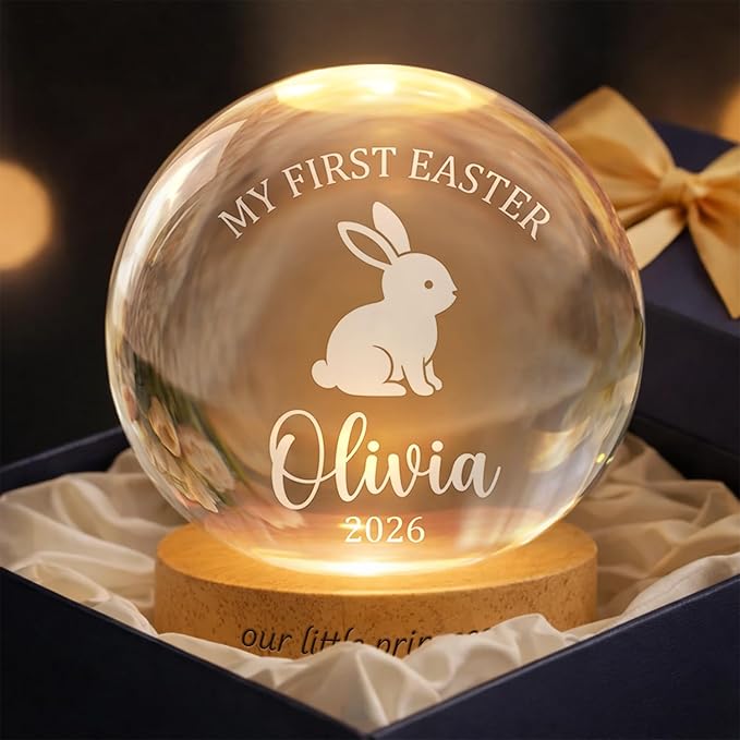 Personalized Easter Bunny Crystal Ball LED Lamp, Custom Name Glass Globe Night Light, Spring Home Decor Accent Light with Wooden Base, My First Easter Keepsake Gift for Family and Bedroom Display