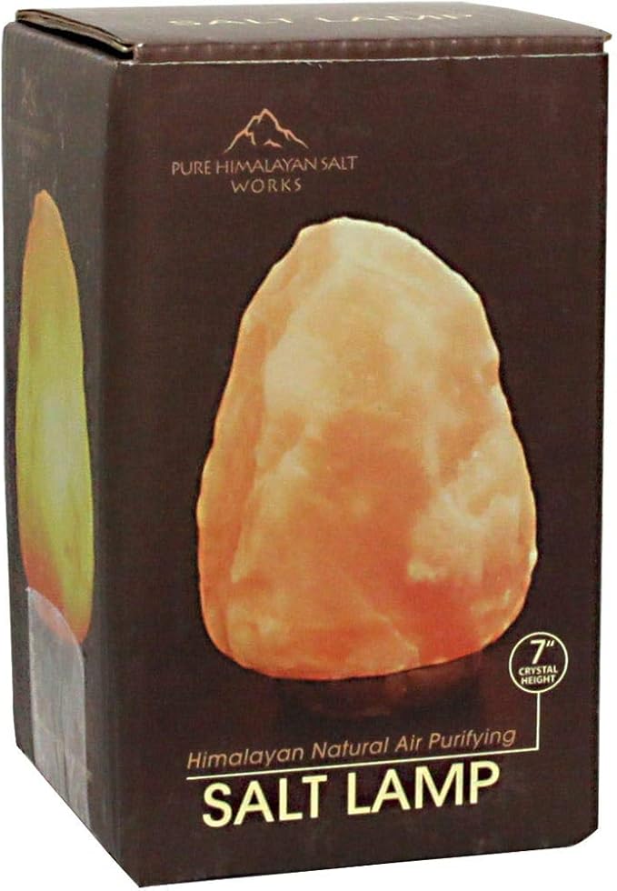 Works 100% Natural Himalayan Salt Lamp, Pink Crystal Salt Lamp with Wooden Base, Includes 15W Bulb and 6-Foot Cord with On/Off Switch, 6.5-9 Lbs, 7” H