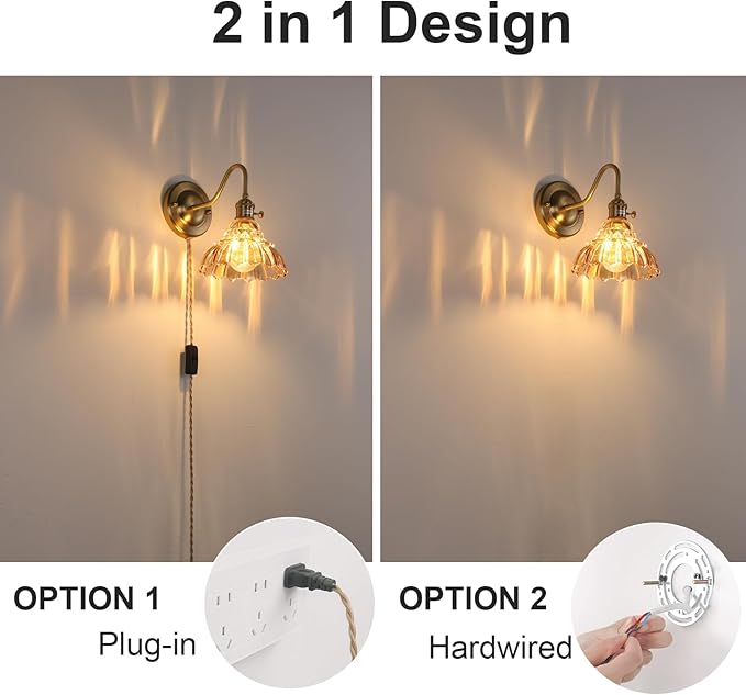 Plug in Wall Sconce Set of 2, Gold Vintage Wall Decor Lights with Amber Lily Glass Shade, Indoor Brass Corded Wall Lamp Fixture for Bedroom Living Room Bathroom Hallway