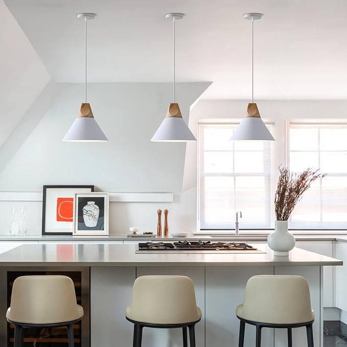 Modern Pendant Light Fixture,Solid Wood Matte White Lampshade Style Ceiling Hanging Lamp,Pendant Lighting for Kitchen Island Dining Room Coffee Bar(White-1 Pack)