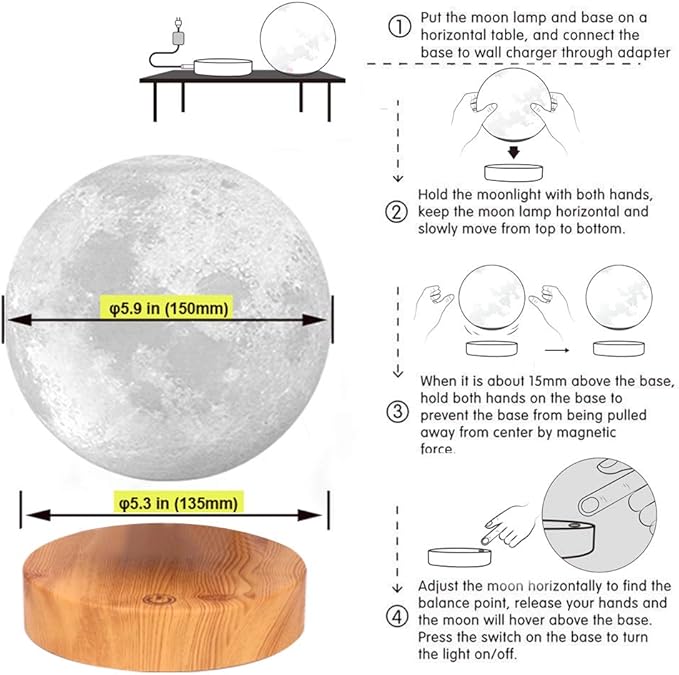 VGAzer Levitating Moon Lamp,Floating and Spinning in Air Freely with 3D Printing LED Moon Light Has 3 Colors for Unique Christmas Gifts,Room Decor (3 Colors)