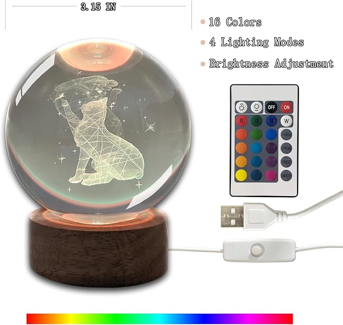3D Cat Crystal Ball 3.15" with LED Lamp Colorful Wooden Base Night Light with Removable Glow Ball Color Changing Light with Remote as a Crystal Light for Boy Friends (6-Cat, 3.15" (Inch))