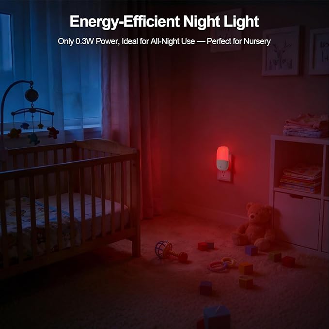 670nm Red Night Light with Retractable Plug [3 Pack] - Zero Blue Light, with Dusk to Dawn Sensor - Auto On/Off 0.3W LED Night Light Plug into Wall Pefect for Bedroom,Bathroom,Nursery,Hallway