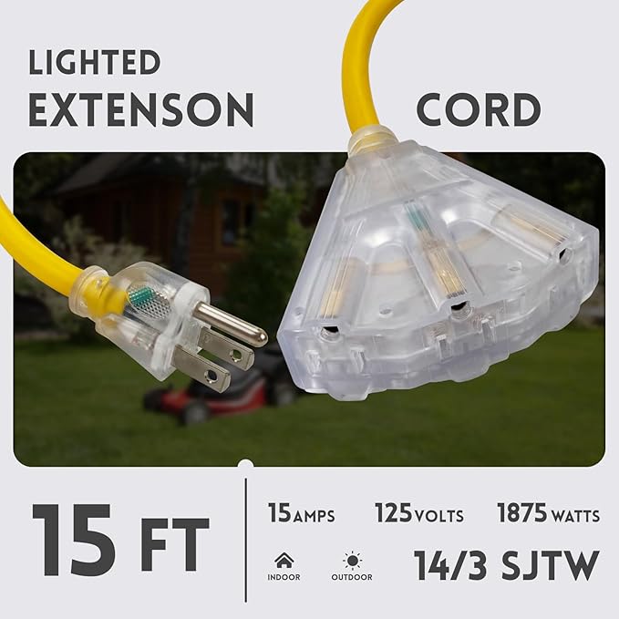 EP 15 Ft Lighted Outdoor Extension Cord with 3 Electrical Power Outlets - 14/3 SJTW Heavy Duty Yellow Extension Cable with 3 Prong Grounded Plug - Power Cord for Lawn, Garden, Appliances