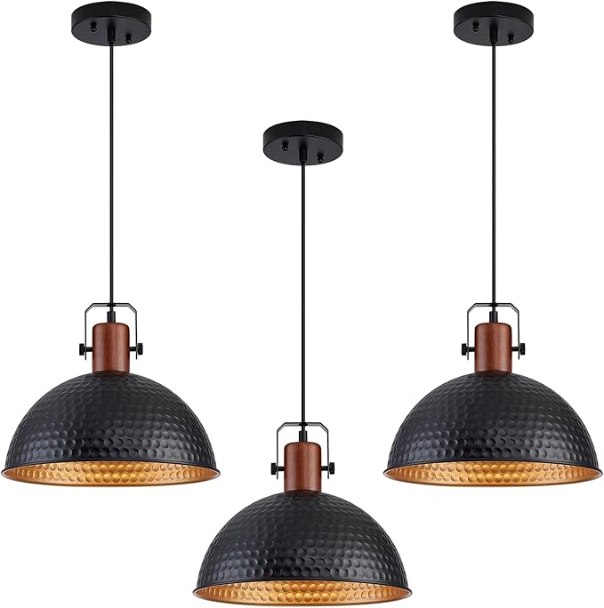 12 Inch Black Pendant Lights Hammered Matte Pendant Lights for Kitchen Island Industrial Farmhouse Adjustable Height Dome Hanging Light Fixtures for Barn, Dining Room 3 Packs