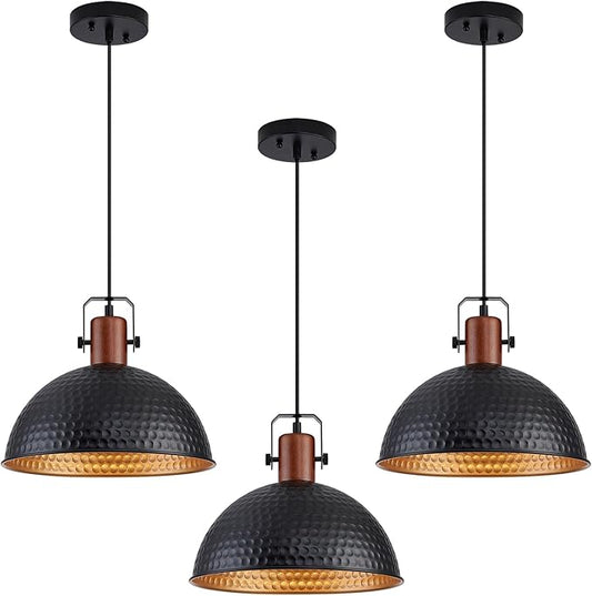12 Inch Black Pendant Lights Hammered Matte Pendant Lights for Kitchen Island Industrial Farmhouse Adjustable Height Dome Hanging Light Fixtures for Barn, Dining Room 3 Packs