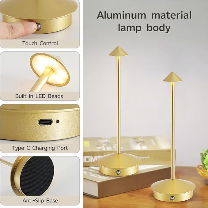 2 Pack Aluminum Cordless Table Lamp, 6000mAh Rechargeable Table Lamps, Portable Touch LED Lamp, Outdoor Waterproof Dimmable Cordless Rechargeable Table Lamps for Restaurant/Patio- Black (Jinse)